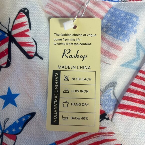 Roshop Patriotic Shirt Blouse Womens Small White Red Blue New Butterfly Flags - Picture 9 of 10